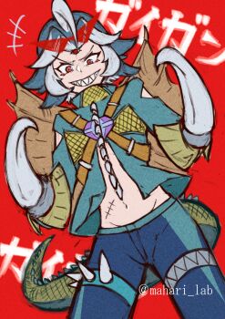 1boy amputee asymmetrical_legwear buzzsaw_(tool) clothing_cutout cosplay cyborg diamond_(shape) gem gem_on_head gigan gigan_(cosplay) godzilla_(series) godzilla_vs._gigan green_hair green_jacket highres hook hook_hand humanization jacket japanese_text kaiju looking_down mahari_lab monster monster_boy multicolored_hair navel open_clothes open_jacket personification prosthesis prosthetic_arm red_background red_eyes scar scar_on_waist sharp_teeth simple_background spikes sunglasses sunglasses_on_head tail teeth toho two-tone_hair weapon white_hair wings zipper zipper_legwear