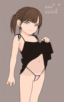 1girl brown_hair closed_mouth clothes_lift cowboy_shot dress dress_lift female_focus flat_chest grey_eyes halftone highres lifting_own_clothes light_smile loli looking_at_viewer medium_hair micro_panties navel original panties pink_panties ponytail rustle short_dress simple_background sleeveless sleeveless_dress solo spaghetti_strap standing stomach string_panties underwear