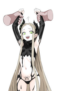 1girl ? absurdres armpits arms_up black_horns black_liquid breasts commentary disembodied_hand english_commentary fang forehead goddess_of_victory:_nikke green_eyes grey_hair highres horns kobenichiii leviathan_(nikke) liquid_clothes long_hair navel open_mouth piercing pointy_ears pubic_tattoo simple_background small_breasts tattoo thick_thighs thighs tongue_piercing white_background