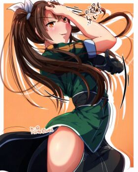 Rule 34 | 1girl, brown eyes, brown hair, commentary request, elbow gloves, gloves, hair ribbon, kantai collection, military uniform, noteblue, orange background, pelvic curtain, ribbon, side slit, single elbow glove, single glove, solo, tone (kancolle), tone kai ni (kancolle), twintails, white ribbon
