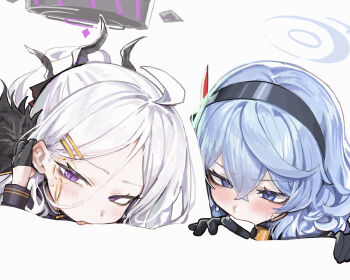 Rule 34 | 1girl, 2girls, absurdres, ahoge, ako (blue archive), blue archive, blue eyes, blue hair, blush, commentary, demon girl, demon horns, fellatio, halo, highres, hina (blue archive), horns, licking, licking nipple, long hair, looking at viewer, multiple girls, nipple stimulation, oral, purple eyes, suitshark, tongue, tongue out, white hair
