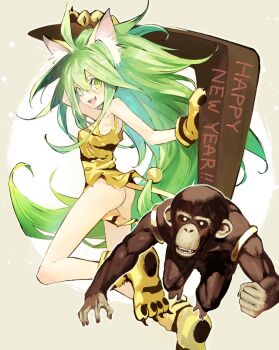 1girl animal_ears animal_hands animal_print ass banpai_akira boomerang cat_ears cat_tail cham_cham female_focus flat_chest green_eyes green_hair long_hair matching_hair/eyes monkey no_panties open_mouth paku_paku paw_shoes samurai_spirits shoes snk solo tail tiger_print
