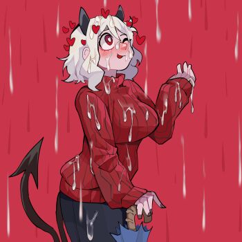 1girl ;p absurdres black_horns black_nails black_pants blush breasts cum cum_on_body cum_on_breasts cum_on_clothes cum_on_hair cum_on_upper_body demon_tail diforland facial hair_between_eyes hand_up happy heart helltaker highres horns large_breasts long_sleeves modeus_(helltaker) nail_polish one_eye_closed pants rain red_eyes red_sweater smile sweater tail tongue tongue_out umbrella