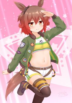Rule 34 | 1girl, animal ears, black thighhighs, bomber jacket, bow, brown hair, chinese zodiac, commentary request, cosplay, crop top, dog tags, ear ribbon, green jacket, highres, horse ears, horse girl, horse tail, jacket, kantai collection, looking at viewer, mayano top gun (scramble zone) (umamusume), mayano top gun (umamusume), mayano top gun (umamusume) (cosplay), multicolored shirt, mutsuki (kancolle), red eyes, red hair, salute, short hair, shorts, solo, standing, standing on one leg, star (symbol), star symbol background, tail, thighhighs, two side up, umamusume, white shorts, year of the horse, zanne