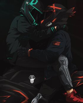 2boys alternate_universe bakugou_katsuki biker_clothes black_gloves black_pants boku_no_hero_academia gloves hand_on_another&#039;s_waist helmet highres long_sleeves male_focus midoriya_izuku motor_vehicle motorcycle multiple_boys on_motorcycle pants red_shoes shoes sneakers twitter_username watermark yaoi yurilanov