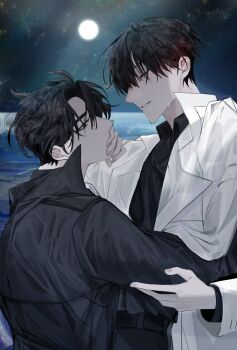 Rule 34 | 2boys, absurdres, belt collar, black coat, black hair, black shirt, chest belt, closed eyes, coat, collar, collared shirt, commentary request, covering another's mouth, curtained hair, hand on another's arm, hand on another's face, hayu beck, head tilt, highres, horizon, kim dokja, korean commentary, male focus, moon, multiple boys, night, omniscient reader's viewpoint, open clothes, open coat, outdoors, popped collar, shirt, short hair, smile, white coat, yoo joonghyuk