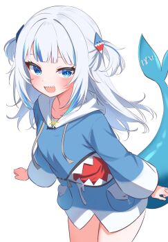 1girl :d arms_at_sides blue_eyes blue_hair blue_hoodie blunt_bangs blush collarbone cowboy_shot drawstring fins fish_tail gawr_gura gawr_gura_(1st_costume) hair_ornament highres hololive hololive_english hood hood_down hoodie long_sleeves looking_at_viewer multicolored_hair open_mouth ryu160303 shark_girl shark_hair_ornament shark_tail sharp_teeth simple_background smile solo streaked_hair tail teeth two-tone_hair two_side_up upper_teeth_only virtual_youtuber white_background white_hair