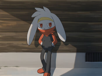against_wall arinsu_(kodamamaimai) commentary_request gen_8_pokemon grate hands_in_pockets highres looking_to_the_side nintendo pokemon pokemon_(creature) raboot red_eyes shadow solo standing toes