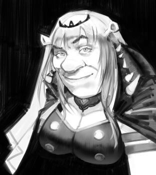 1boy absurdres big_nose black_background breasts cleavage commentary cosplay english_commentary fusion greyscale highres hololive hololive_english large_breasts long_hair looking_at_viewer monochrome mori_calliope mori_calliope_(cosplay) multiple_girls ogre raised_eyebrows shrek shrek_(series) simple_background sketch smile solo spikes tiara upper_body veil virtual_youtuber xyanaid