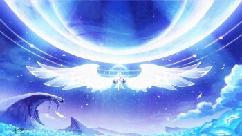 1girl arm_up black_hair columbina_(genshin_impact) commentary_request dated dress floating genshin_impact hair_ornament kaminaga_mutsumi long_hair moon oversized_wings signature sky solo star_(sky) starry_sky very_long_hair white_wings wide_shot wing_hair_ornament wings