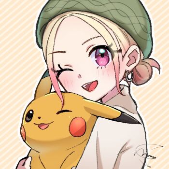 1girl ;d alternate_eye_color alternate_hair_color blonde_hair commentary diagonal-striped_background earrings eyelashes gen_1_pokemon green_hat happy harmony_(pokemon) hat holding holding_pokemon jewelry meru_merume603 nintendo one_eye_closed open_mouth outline pikachu pokemon pokemon_(creature) pokemon_legends:_z-a purple_eyes shirt signature smile striped_background teeth upper_body upper_teeth_only yellow_background
