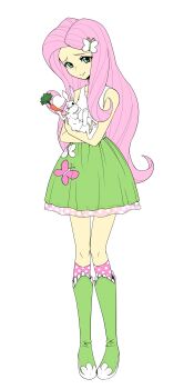 Rule 34 | 1girl, absurdres, angel bunny, animal, animal print, bare arms, bare shoulders, boots, breasts, butterfly hair ornament, butterfly print, carrot, closed mouth, collarbone, colored skin, commentary request, fingernails, flat color, fluttershy, fluttershy (equestria girls), food, food on face, frilled skirt, frills, full body, green boots, green eyes, green skirt, hair ornament, highres, holding, holding animal, holding carrot, holding rabbit, knee boots, kneehighs, leaning forward, legs together, long hair, long legs, medium skirt, my little pony, my little pony: equestria girls, my little pony: friendship is magic, petticoat, pigeon-toed, pink hair, pink socks, polka dot, polka dot socks, rabbit, raised inner eyebrows, simple background, skirt, small breasts, smile, socks, solo, standing, tank top, two-tone socks, very long hair, white background, white rabbit (animal), white socks, white tank top, yellow skin, yuuto (chakokin)