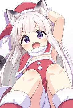 1girl :d animal_ear_fluff animal_ears bag belt blunt_bangs blush boots bow brown_belt christmas climbing commentary_request dress dress_bow fang fox_ears fox_girl fox_tail fur-trimmed_boots fur-trimmed_gloves fur_trim gloves grey_hair hair_over_shoulder hat highres holding holding_bag knees_together_feet_apart korean_commentary long_hair looking_at_viewer mogura2009 momo_(mogura2009) open_mouth original purple_eyes red_boots red_gloves red_hat santa_costume santa_dress santa_hat short_dress sitting skin_fang smile solo tail very_long_hair