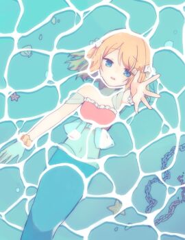 1girl bare_shoulders blonde_hair blue_eyes bracelet chain commentary_request flat_chest frilled_tube_top frills hair_ornament hair_ribbon jewelry kagamine_rin kneeless_mermaid looking_at_viewer lying mermaid monster_girl navel oboro_0x0 on_back outstretched_arm outstretched_hand pale_skin partially_submerged pearl_bracelet pink_tube_top reaching reaching_towards_viewer ribbon scrunchie shell shell_hair_ornament short_hair solo star_(symbol) star_hair_ornament starfish starfish_hair_ornament strapless tube_top vocaloid wrist_scrunchie