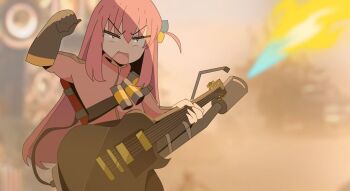 Rule 34 | 1girl, arm up, belt, black gloves, bocchi the rock!, bread forbidden, commentary, commentary request, cosplay, crossover, cube hair ornament, electric guitar, english commentary, fire, flamethrower, gibson les paul, gloves, gotoh hitori, guitar, hair between eyes, hair ornament, hand up, holding, holding flamethrower, holding instrument, holding weapon, instrument, jacket, jitome, long hair, looking at viewer, mad max, mad max: fury road, music, one side up, oxygen tank, photo background, pink hair, pink jacket, playing instrument, pyro (tf2), pyro (tf2) (cosplay), rectangular mouth, solo, team fortress 2, track jacket, upper body, v-shaped eyebrows, weapon