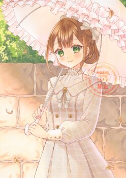 1girl blush braid brown_dress brown_hair center-flap_bangs closed_mouth commentary_request cowboy_shot day double-parted_bangs dress falling_leaves fingernails green_eyes hair_bun highres holding holding_umbrella leaf long_sleeves looking_at_viewer marker_(medium) original osumi_izumi outdoors parasol pink_nails sidelocks single_hair_bun solo stone_wall traditional_media umbrella watermark