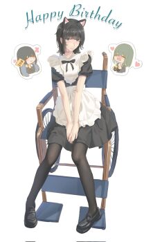 3girls ^_^ alternate_costume animal_ears apron black_bow black_bowtie black_dress black_hair black_pantyhose black_shoes bow bowtie camera cat_ears chibi chibi_inset closed_eyes commentary cropped_torso dress drooling english_commentary enmaided flower flowers_(innocent_grey) green_hair hands_on_lap happy_birthday heart highres holding holding_camera holding_sign kafkasea kemonomimi_mode loafers long_hair looking_at_viewer maid maid_apron mole mole_on_neck mouth_drool multiple_girls pantyhose placard puffy_short_sleeves puffy_sleeves shirahane_suou shoes short_hair short_sleeves sign simple_background sitting smile solo_focus sparkle takasaki_chidori two-piece_apron waist_apron wavy_mouth wheelchair white_background yaegaki_erika