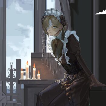 Rule 34 | 1boy, aqua eyes, bandage over one eye, black dress, brown hair, bw sekai, candle, cloud, cloudy sky, crossdressing, crossdressing (mtf), dress, hair bun, highres, juliet sleeves, kanae (19th costume) (nijisanji), kanae (nijisanji), long sleeves, looking at viewer, maid, maid headdress, male focus, male maid, nijisanji, official alternate costume, puffy sleeves, see-through clothes, see-through veil, sitting, sky, solo, stitched face, stitches, veil, virtual youtuber