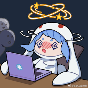 1girl @_@ animal_ears animal_hood blue_hair blush chibi computer halo hood hood_up laptop maodou_wawa_(roco_kingdom:world) nose_blush open_mouth rabbit_ears rabbit_hood roco_kingdom roco_kingdom:world roco_kingdom:world_official short_bangs short_eyebrows sitting table tablet_pc tail twitter_username virtual_youtuber