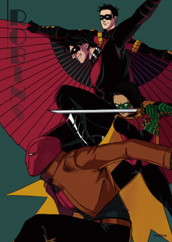 4boys batman_(series) belt black_hair brothers cape damian_wayne dark_skin dc_comics dick_grayson domino_mask eye_mask family helmet highres jacket jason_todd legacy male_focus mask multiple_boys nightwing red_hood red_hood_(dc) red_robin robin_(dc) siblings simple_background sword tim_drake weapon