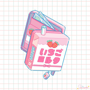 Rule 34 | banknote, commentary request, drink carton, food, fruit, grid background, highres, hiro046k, milk carton, money, no humans, object focus, original, signature, strawberry, translated, wallet, white background