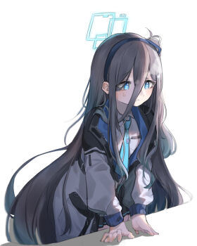 1girl aqua_halo aqua_necktie aris_(blue_archive) black_hairband black_jacket black_skirt blue_archive blue_eyes blue_jacket blush bright_pupils collared_shirt commentary desk double-parted_bangs grey_hair hair_between_eyes hairband halo hands_on_table highres jacket korean_commentary leaning_forward long_bangs long_hair long_hair_between_eyes long_sidelocks long_sleeves mixed-language_commentary multicolored_jacket necktie one_side_up open_clothes open_jacket parted_lips pleated_skirt polyvora puffy_long_sleeves puffy_sleeves rectangular_halo school_uniform shadow shirt sidelocks simple_background single_tear skirt solo tie_clip very_long_hair white_background white_jacket white_pupils white_shirt