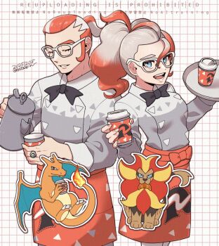1boy 1girl apron batabiru black_bow black_bowtie blue_eyes bow bowtie breasts charizard claws closed_eyes croissant cup disposable_coffee_cup disposable_cup dragon fangs fire flame-tipped_tail food food_in_mouth gen_1_pokemon gen_6_pokemon glasses gradient_hair griselle_(pokemon) grisham_(pokemon) hair_pulled_back holding holding_coffee_pot holding_kettle kettle lion mouth_hold multicolored_hair nintendo open_mouth orange_apron orange_hair parted_lips pokemon pokemon_(creature) pokemon_legends:_z-a ponytail print_apron pyroar pyroar_(male) red_apron red_hair shirt short_ponytail smile split_ponytail tail teeth two-tone_hair waist_apron white-framed_eyewear white_hair white_shirt wings