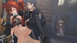 1boy 2girls 3d animal_ears animated audible_music bare_shoulders bear_ears black_thighhighs blush bottomless crop_top eyepatch fake_animal_ears fingerless_gloves fingernails gloves grace_howard grey_hair hetero koleda_belobog leg_grab loli misuzugon moaning multiple_girls open_mouth opennsfwsp orange_hair outdoors penis public_indecency pussy rouge_nine sex sound spread_legs standing standing_sex tagme thighhighs vaginal video wise_(zenless_zone_zero) yamada_nsfw zenless_zone_zero