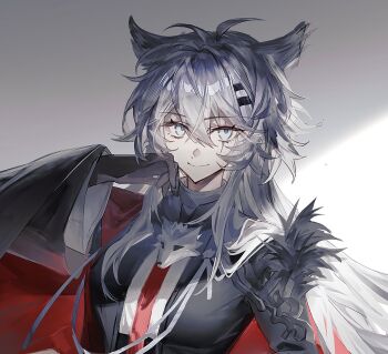 1girl animal_ears arknights black_gloves blue_eyes bochishiraita cape closed_mouth gloves grey_hair hair_between_eyes hair_ornament hairclip hand_on_own_cheek hand_on_own_face highres lappland_(arknights) lappland_the_decadenza_(arknights) long_hair long_sleeves looking_at_viewer red_cape scar scar_across_eye scar_on_face smile solo upper_body wolf_ears wolf_girl
