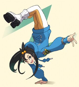 1girl black_hair blue_hoodie breakdance cube_hair_ornament full_body grey_eyes hair_ornament handstand highres hood hood_down hoodie juno_son leggings lida_(pokemon) long_hair long_sleeves looking_at_viewer mega_ring nintendo one_arm_handstand one_eye_closed open_mouth orange_leggings pokemon pokemon_legends:_z-a ribbed_socks shoes smile socks solo teeth topknot two-tone_legwear upper_body upper_teeth_only w white_leggings white_socks wispy_bangs
