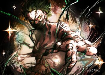 1boy abs artist_name body_freckles boku_no_hero_academia forehead freckles green_eyes green_hair highres looking_at_viewer male_focus middfoxx midoriya_izuku pectorals solo superhero_costume toned toned_male topless_male torn_clothes upper_body