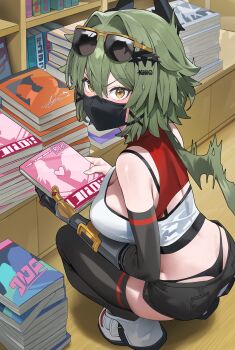 1girl absurdres ass black_shorts black_thighhighs blush book bookstore breasts caesar_king_(zenless_zone_zero) cleavage crop_top disguise embarrassed eyewear_on_head full_body green_hair hair_intakes highres holding holding_book hood_(james_x) large_breasts looking_at_viewer mask mouth_mask prosthesis prosthetic_arm shoes shop short_shorts shorts solo squatting sunglasses sweatdrop thighhighs v-shaped_eyebrows whale_tail_(clothing) yellow_eyes zenless_zone_zero