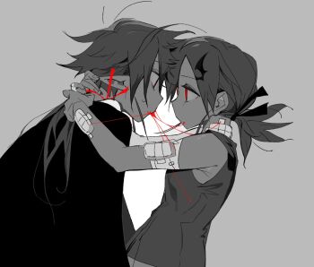 Rule 34 | 1boy, 1girl, arms around neck, bandaged arm, bandages, bandaid, bleeding, blood, blood from mouth, blood on face, cape, eye contact, face-to-face, from side, gauze, grey background, greyscale, hair ornament, hair ribbon, hand on another's neck, injury, long hair, looking at another, low ponytail, medium hair, mk1liaoqian, monochrome, mouth hold, original, pointy ears, ponytail, profile, red eyes, ribbon, shirt, short ponytail, simple background, sleeveless, sleeveless shirt, spot color, string, string of fate, sweat, sweatdrop, symbolism, vampire