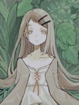 1girl arms_behind_back blonde_hair brown_robe camisole closed_mouth collarbone colored_eyelashes commentary_request earrings flat_chest flipped_hair gakuen_idolmaster grey_eyes hair_ornament hairclip idolmaster jewelry leaf leaf_background light_smile long_hair looking_at_viewer open_clothes open_robe parallel_hairclips parted_bangs red_ribbon ribbon robe shinosawa_hiro solo stud_earrings suzune-7-25 upper_body white_camisole