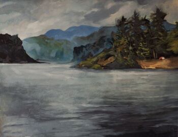 commentary day english_commentary evening forest highres lake landscape mountainous_horizon nature no_humans original painting_(medium) patton_wang pine_tree river riverbank scenery shore tent traditional_media tree