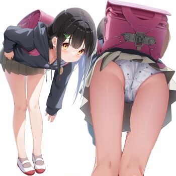 1girl backpack bag bent_over black_hair black_hoodie brown_eyes closed_mouth clothes_writing collarbone dot_mouth from_below full_body hair_ornament hairclip heart heart_panties heart_print highres hood hoodie loli looking_at_viewer medium_hair original panties pink_bag pleated_skirt print_panties randoseru sakuraba_mei_(sironora) shoes sidelocks sironora skirt solo standing underwear upskirt uwabaki white_panties white_shoes