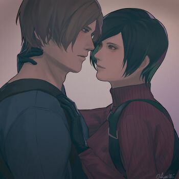 1boy 1girl ada_wong black_gloves black_hair black_shirt brown_hair chest_harness closed_mouth couple face-to-face from_side gloves hand_on_another's_chest hand_on_another's_neck harness hetero highres kurumi031212 leon_s._kennedy profile red_sweater resident_evil shirt short_hair sweater swept_bangs t-shirt turtleneck turtleneck_sweater upper_body