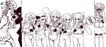 6+girls absurdres airhorn ammunition animal_ears apron blue_eyes bodysuit bow bracken_(lethal_company) braid breasts capelet closed_mouth coil coil-head_(lethal_company) cosplay crossover detached_sleeves double-barreled_shotgun dual_wielding entity_(lethal_company) extra_ears flashlight flashlight_beam frilled_apron frilled_bow frills frog_hair_ornament frown gloves green_eyes gun hair_between_eyes hair_bow hair_ornament hair_tubes hairband hakurei_reimu hat hat_bow heart heart_hair_ornament highres holding holding_gun holding_knife holding_sign holding_weapon izayoi_sakuya kirisame_marisa knife kochiya_sanae komeiji_koishi komeiji_satori konpaku_youmu konpaku_youmu_(ghost) lethal_company limited_palette long_hair looking_at_another m84_stun_grenade multiple_girls nutcracker_(lethal_company) open_mouth peeking_out rampa93 red_eyes road_sign running sekibanki short_hair shotgun sign single_braid skirt snake snake_hair_ornament sparkling_eyes standing stop_sign touhou twin_braids waist_apron weapon worker_(lethal_company) worker_(lethal_company)_(cosplay) yellow_eyes