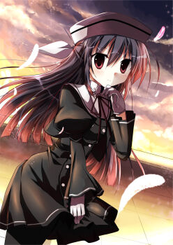 1girl amamiya_yuuko black_dress black_pantyhose blush commentary_request cowboy_shot dress ef_(visual_novel) falling_feathers feathers hair_between_eyes hat highres juliet_sleeves long_hair long_sleeves mameguri pantyhose puffy_sleeves red_eyes red_ribbon ribbon rooftop short_hair smile solo
