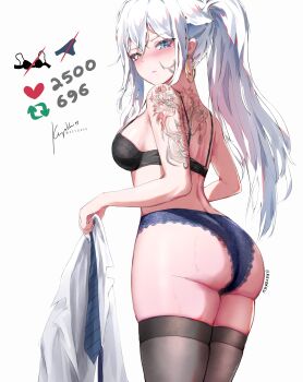 1girl absurdres arm_tattoo artist_name ass back_tattoo black_bra black_thighhighs blue_eyes blue_panties blush bra breasts closed_mouth commentary cowboy_shot double-parted_bangs earrings english_commentary flower_tattoo from_behind hair_between_eyes heterochromia highres holding holding_unworn_clothes hoop_earrings indie_virtual_youtuber jewelry keyokku keyokku_(vtuber) long_hair looking_at_viewer looking_back medium_breasts panties ponytail shirt signature simple_background solo standing sweat tattoo thick_thighs thighhighs thighs twitter_strip_game underwear underwear_only undressing unworn_shirt virtual_youtuber white_background white_hair yellow_eyes