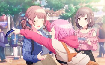 &gt;_&lt; 2boys 4girls :d ^_^ backpack bag black_bag black_choker black_pants blue_jacket blue_shoes blurry blurry_background blush bob_cut bokeh bow bow_earrings braid brown_eyes brown_hair brown_skirt choker closed_eyes closed_mouth colorful_palette depth_of_field earrings frilled_shirt frills game_cg grey_shirt hair_ornament hair_scrunchie highres holding holding_ticket hood hoodie jacket jewelry medium_hair mochizuki_honami multiple_boys multiple_girls official_art ootori_emu open_mouth pants pentagon_(shape) pink_hair pink_shirt pleated_skirt profile project_sekai purple_bag red_shirt scrunchie shinonome_ena shirt shirt_tucked_in shoes shoulder_bag skirt smile sparkle third-party_source ticket tongue tree tsunagu_hoshi_no_uta_(project_sekai) white_shirt