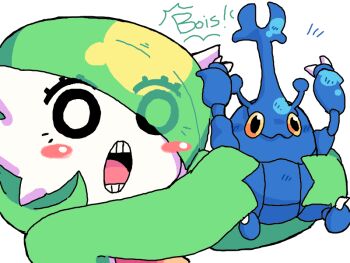 :o arms_up blush bob_cut bug claws colored_skin deformed fewer_digits gardevoir gen_2_pokemon gen_3_pokemon green_hair green_skin hair_over_one_eye heracross melfunnysmell multicolored_skin nintendo no_humans one_eye_covered open_mouth pokemon pokemon_(creature) red_eyes short_hair simple_background size_difference smile two-tone_skin white_background white_skin