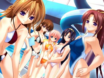 00s 5girls aneimo armpits bikini black_hair blue_eyes blush breasts brown_hair cleavage dutch_angle everyone flat_chest game_cg green_eyes hairband halter_top halterneck highleg highleg_swimsuit hirasawa_kazumi indoors kirishima_mizuki kirishima_satsuki large_breasts long_hair looking_at_viewer medium_breasts midriff multiple_girls non-web_source one-piece_swimsuit pink_hair ponytail pool poolside purple_eyes shinonome_kazuhiko shirakawa_saori shirakawa_yui short_hair siblings side-tie_bikini sisters smile swimsuit water water_slide