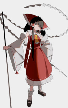 Rule 34 | 1girl, 950magi618, absurdres, ascot, bow, brown eyes, brown hair, brown shoes, closed mouth, commentary request, detached sleeves, frilled bow, frilled hair tubes, frilled skirt, frills, full body, gohei, grey background, hair bow, hair tubes, hakurei reimu, highres, holding, holding gohei, long hair, looking at viewer, mary janes, red bow, red skirt, ribbon-trimmed skirt, ribbon-trimmed sleeves, ribbon trim, shoes, simple background, skirt, skirt set, socks, touhou, white socks, yellow ascot