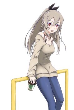 1girl :d against_railing arm_support asagi501 bare_shoulders black_bra black_ribbon blue_pants bra breasts brown_hair brown_sweater cleavage collarbone commentary_request cowboy_shot cup denim disposable_cup double-parted_bangs drinking_glass eydis_(sao) hair_between_eyes hair_ribbon highres holding holding_cup long_hair looking_at_viewer medium_breasts messy_hair off-shoulder_sweater off_shoulder open_mouth pants ponytail railing red_eyes ribbon simple_background sleeves_past_wrists smile solo sweater sword_art_online sword_art_online:_alicization sword_art_online:_unleashed_blading underwear variant_set white_background