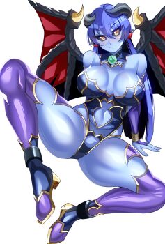 1girl armor astaroth_(shinrabanshou) black_horns black_sclera blue_armor blue_hair blue_leotard blue_skin breasts bridal_gauntlets clothing_cutout colored_sclera colored_skin commentary_request demon_girl demon_tail earrings gem green_gemstone heart heart_earrings highleg highres horns impossible_clothes impossible_leotard jewelry knees_apart_feet_together large_breasts leotard long_hair looking_at_viewer navel navel_cutout orb pointy_ears purple_bridal_gauntlets red_wings revealing_clothes shinrabanshou shiny_skin simple_background sitting skin_tight smile solo tail thighhighs very_long_hair volyz white_background wings yellow_eyes