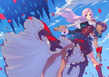 2girls aiguillette bindi blue_eyes blue_sky breasts commentary crown dark-skinned_female dark_skin dress english_commentary epaulettes glasses himemiya_anthy holding holding_person holding_sword holding_weapon kneehighs kotatsu_(g-rough) light_purple_hair long_dress making-of_available medium_breasts mixed-language_commentary multiple_girls ootori_gakuen_school_uniform petals purple_hair rapier red_dress red_legwear reverse_trap rimless_eyewear school_uniform shoujo_kakumei_utena shoujo_kakumei_utena_adolescence_mokushiroku sky socks sword tenjou_utena unconscious weapon wind wind_lift