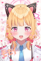 Rule 34 | 1girl, :d, animal ear headphones, animal ears, bandaid, blonde hair, blue archive, blue necktie, bow, character name, collared shirt, cursor, drawn whiskers, dress shirt, fake animal ears, hair bow, halo, headphones, heart, jacket, kubong, long hair, long sleeves, looking at viewer, momoi (blue archive), necktie, open mouth, pixelated, plaid, plaid background, purple eyes, red bow, shirt, sleeves past wrists, smile, solo, teeth, upper body, upper teeth only, white jacket, white shirt, wide sleeves