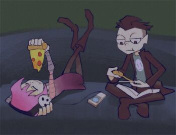 1boy 1girl animated animated_gif artist_request book brother_and_sister couch dib_(invader_zim) earbuds earphones eating food gazlene_membrane headphones invader_zim lowres non-web_source on_couch pizza pizza_slice reading siblings source_request