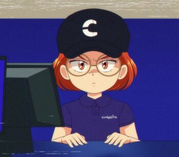 1990s_(style) 1girl animification blue_shirt brenni_murasaki frown glasses hat looking_at_viewer meilin_lee orange_eyes retro_artstyle shirt short_hair solo turning_red upper_body